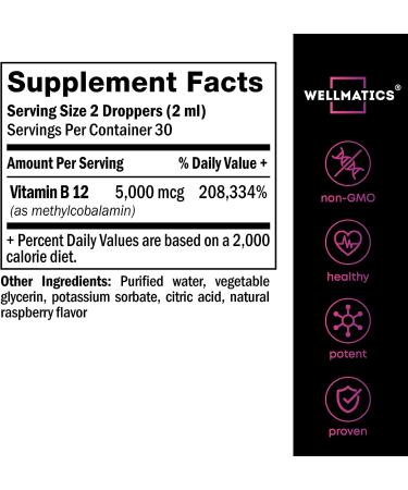 Wellmatics Vitamin B12 Sublingual 5000 mcg Liquid Supplement - Made in USA - Vegan Energy Boost - 2 fl oz - Buy Online on GoSupps.com