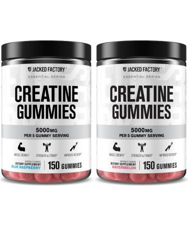 Jacked Factory Creatine Monohydrate Gummies 5g Daily Dose - Creatine Gummy for Men and Women Vegan-Friendly Travel-Friendly Third-Party Tested - 150 Gummies Blue Raspberry & Watermelon