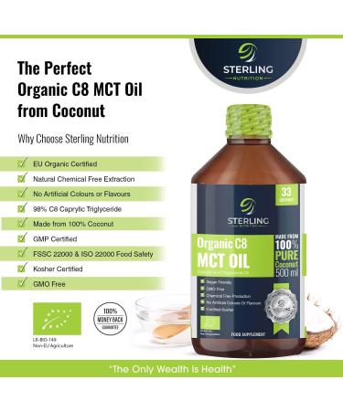 Organic Pure C8 MCT Oil - 100% Coconut - Boosts Ketones 3X - Keto & Bulletproof Coffee - Vegan - 500ml by Sterling Nutritionn - Buy Online on GoSupps.com