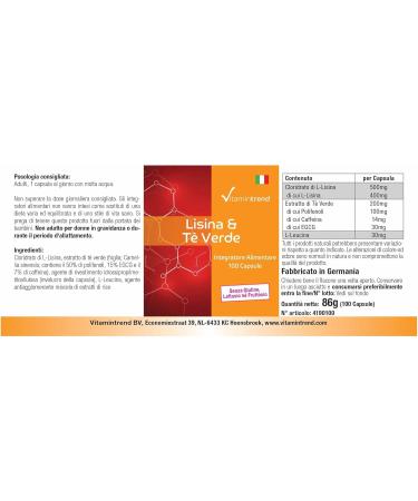 Lysine & Green Tea Extract - 100 Vegan Capsules for 100 Days | 400mg/200mg - Vitamintrend  - Buy Online on GoSupps.com