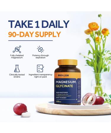 Whollium Magnesium Glycinate 150mg | Fully Chelated for Optimal Absorption | Gentle on Stomach | High Bioavailability | Muscle, Brain & Heart Health | 90 Tabs - Buy Online on GoSupps.com