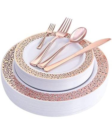 150pcs Rose Gold Dinnerware Set with Lace Design Reusable Strong and Sturdy Reduce Waste for Party Supplies Wedding Halloween Thanksgiving Christmas