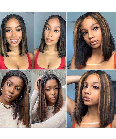 Ombre Brown V Part Human Hair Wig 14 Inch - Short Straight Bob Highlighted Wig for Women - Buy Online on GoSupps.com