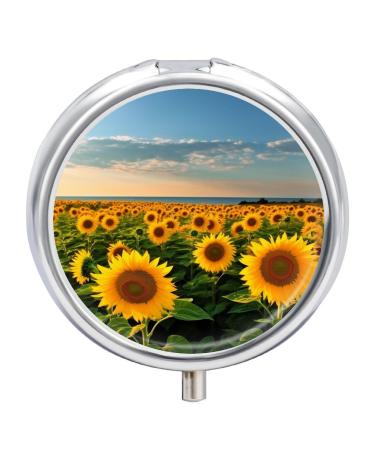 Pill Box Pill Case 3 Compartment Travel Pill Box Sunflowers Sea Printing Small Pill Box Portable Medicine Pill Case Pill Organizer for Purse & Pocket for Travel Handbag (Round)