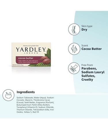 Yardley London Cocoa Butter Bath Soap Bar - Nourishing Softens Dry Skin 4 oz - Pack of 3 with Shea Butter & Vitamin E - Buy Online on GoSupps.com