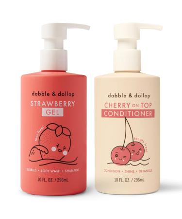 Dabble & Dollop Shampoo & Conditioner - 3 in 1 Natural Bubble Bath & Body Wash for Kids USA-made Paraben & Sulfate Free Vegan Gluten-Free Tear-Free Strawberry & Cherry (Set of 2) Strawberry + Cherry