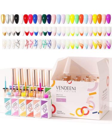 Rechoo 24 Pcs Painted Nail Art Gel Polish Set, 24 Rainbow Colors Balck Red Yellow Blue Gold Sliver Glitter Liner Gel Polish Thin Nail Brush Gel Painting for Swirl Line Nails Art Gel Kit 24 Neon Colors