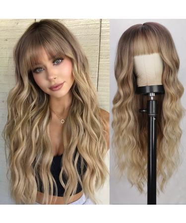 Lativ Blonde Wig With Bangs Long Wavy Curly Ombre Wig with Dark Root Synthetic Heat Resistant Wigs for Women Daily Party Use