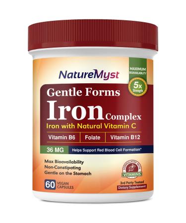 NatureMyst Iron Complex 36 mg of Elemental Iron Per Serving Non-Constipating 4 Bioactive & Natural Vitamins Blood Building Heart Health Energy Booster 60 Veggie Capsules Non-GMO No Gluten