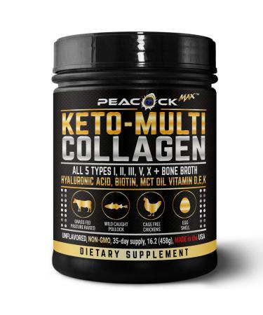 Keto Collagen Protein Powder MCT Oil Bone Broth 5 Types I,II, III,V,X Non-GMO Gluten Free 1 lb Paleo Friendly Unflavored Anti-Aging & Sports Recovery