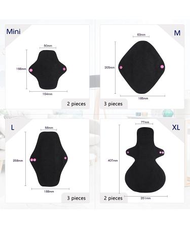 Rovtop 10 Pcs Reusable Black Cloth Menstrual Pads with Bamboo Charcoal Layer - Washable Sanitary Napkins in 4 Sizes + Mini Waterproof Bag - Buy Online on GoSupps.com