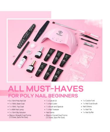 Modelones Poly Nail Gel Kit with 48W LED Nail Lamp - 6 Nude Pink Colors, Slip Solution, Rhinestones, Glitters - Manicure Starter Kit for Women - Buy Online on GoSupps.com