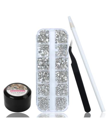 1500PCS Rhinestones for Nails - Crystals Gems for Nails Flat Back Nail Art Rhinestones in 6 Sizes - Craft Nail Art Gem Kit with 20ML Nail Glue and 1 Picker Dotting Pen and 1 Tweezer 12-White(1500)+Glue