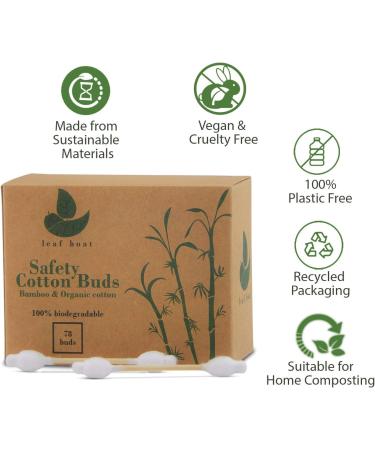 LEAF BOAT Biodegradable Cotton Buds 78 Pieces | Eco-Friendly Vegan Ear & Makeup Cleaning | GOTS Certified | Recycled Packaging | Plastic-Free - Buy Online on GoSupps.com