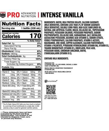 Muscle Milk Pro Advanced Nutrition Protein Shake & Pro Advanced Nutrition Protein Shake Intense Vanilla 11.16 Fl Oz (Pack of 12) 32g Protein 1g Sugar 16 Vitamins & Minerals 5g Fiber - Buy Online on GoSupps.com