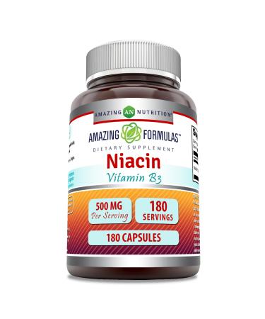 Amazing Formulas Niacin Supplement | 500 Mg Per Serving | 180 Capsules | Non-GMO | Gluten-Free | Made in USA