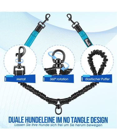 Slowton Double Linen Dog Leash for 2 Dogs - 360 Rotatable Reflective Padded Handles | Shock-Damping for Small & Medium Dogs (3-16kg) - Blue - Buy Online on GoSupps.com