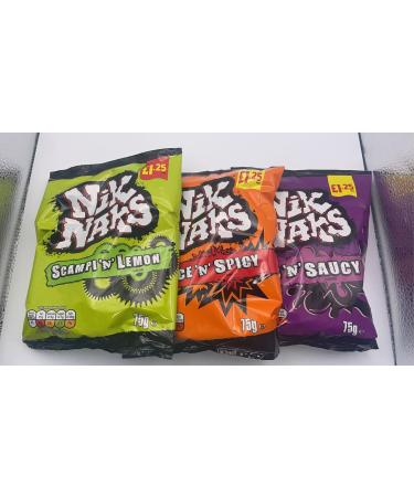 A pack of 3 Nik Naks Crisps Corn Snacks Flavor | Nik Naks Nice & Spicy| Nik Naks Rib & Saucy | Nik Naks Scampi & Lemon | 75g each - Buy Online on GoSupps.com