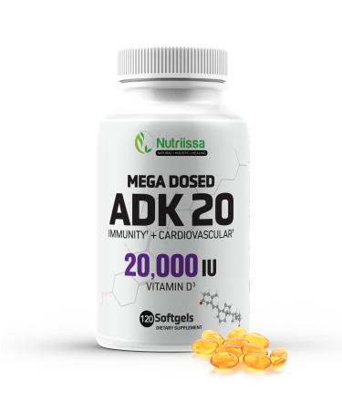 Nutriissa ADK 20 Mega Dosed Vitamin Supplement - 20 000 IU Vitamin D3 Immunity and Cardiovascular Support 120 Softgels 120 Servings per Bottle