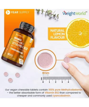 High Strength Vitamin B12 1000mcg Chewable Tablets - 400 Vegan & Sugar-Free Lemon Flavour - UK Made Supplement for Fatigue - 1 Yr Supply - Buy Online on GoSupps.com