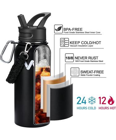 WEREWOLVES Insulated Water Bottle 32 oz - Stainless Steel with Paracord Handle, Straw & Spout Lid - Wide Mouth Reusable Vacuum Bottle for Adults - Black - Buy Online on GoSupps.com