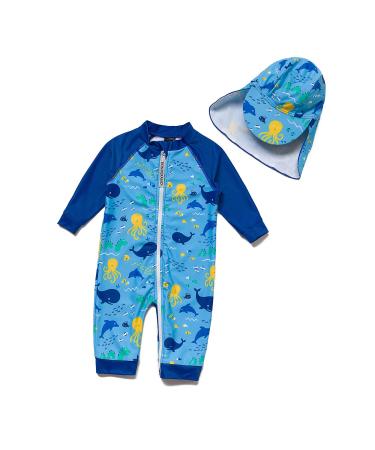 BONVERANO Baby Boys Swimsuit Toddler Bathing Suit Full-Length Zipper One Piece Swimwear with UPF 50+ Sun Protection 2-3 Years Sea