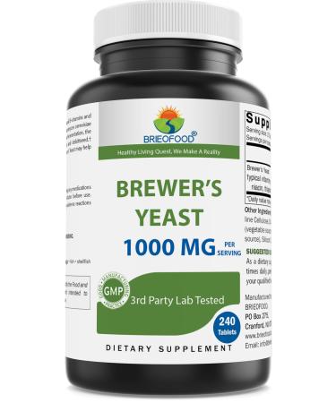 Brieofood Brewers Yeast 1000 mg per Serving - 240 Tablets - 3rd Party Labe Tested for Purity & Quality 240 Count (Pack of 1)