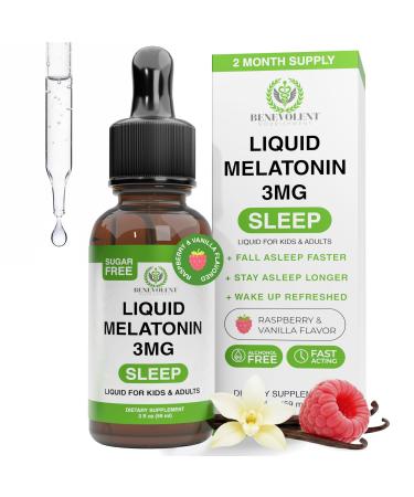 Benevolent Liquid Melatonin Drops for Adults and Kids 3mg - Melatonin Liquid as Fast-Acting Sleep Aid to Fall Asleep Faster & Longer - Non-GMO & Made in USA - Berry Vanilla Flavor 2 Month Supply 2 Fl Oz (Pack of 1)