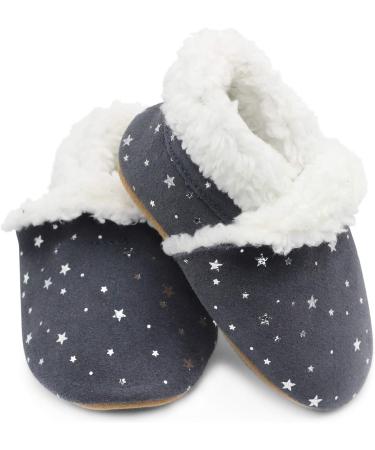 Dotty Fish Suede Baby Slippers | Warm Fleece Lined Infant Toddler Shoes | Non-Slip Soft Sole for Boys and Girls | 0-6 Months to 5-6 Years | Silver Stars - Buy Online on GoSupps.com