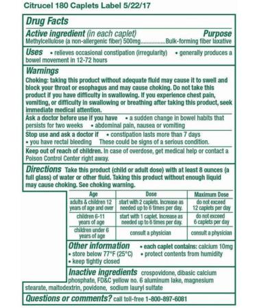 Citrucel Methylcellulose Fiber Therapy for Regularity Fiber Caplets 180-Count Bottle 180 Count (Pack of 1) - Buy Online on GoSupps.com