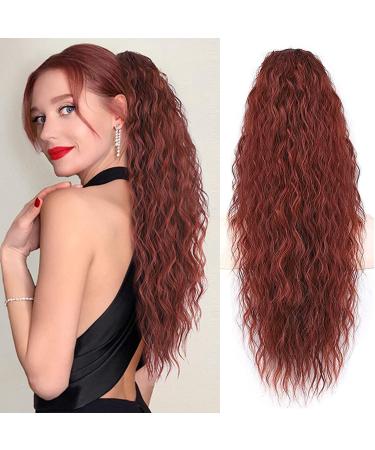 PORSMEER 28 inches Ponytail Extension Copper Red Long Beach Wave Drawstring Clip in Pony Hair Extension Auburn Synthetic Pony Tail Hairpiece for Women