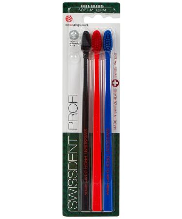SWISSDENT PROFI COLOURS toothbrush with medium soft bristles in patented spoon shape for cleaning difficult areas pack of 3
