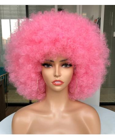 CURLCRAZY 70s Afro Wig with Bangs Short Afro Kinky Curly Wig for Black Women Large Bouncy and Soft Natural Looking Halloween Party Christmas Cosplay Wigs (Pink)