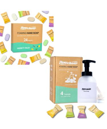 flowcheer Foaming Hand Soap Starter & Refill Bundle Crystal Frosted Glass Foaming Hand Soap Dispenser + 28 Scented Soap Refill Tablets (28 9 fl oz) Variety Fragrance Airbnb Exclusive Value Set
