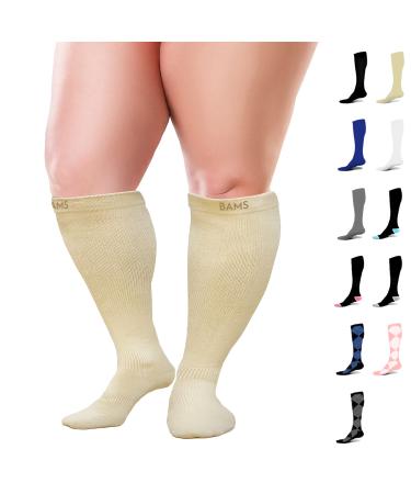 BAMS Plus Size Compression Socks Wide Calf XXL XXXL Graduated Bamboo Knee-High Support Nude X-Large