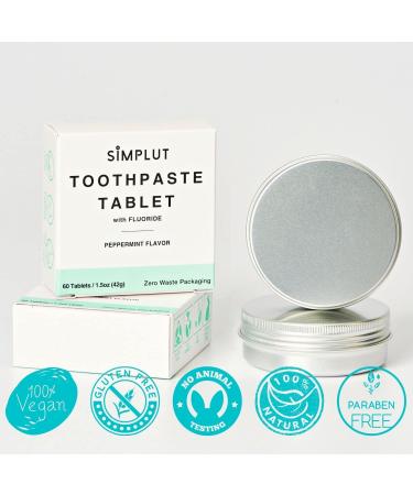 Simplut Fluoride Toothpaste Tablets - Vegan Natural Ingredients for Camping Travel - Peppermint Flavor for Fresh Breath & White Teeth - 60 Count Pack - Buy Online on GoSupps.com