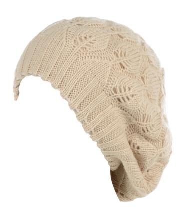 BYOS Women Mid-Weight Slouchy Leafy Cutout Crochet Soft Knit French Beret Hat Beige Leafy