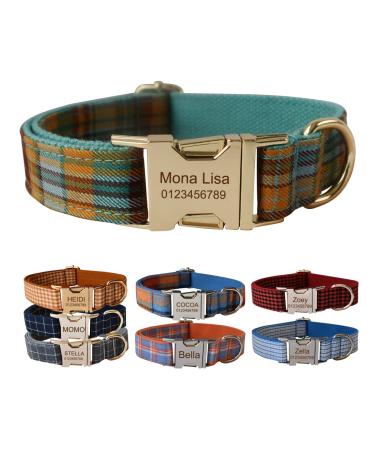 Personalised Dog Collar with Metal Buckle Customized Pet Collars with Name Phone Number Address Engraved Plaid - Buy Online on GoSupps.com