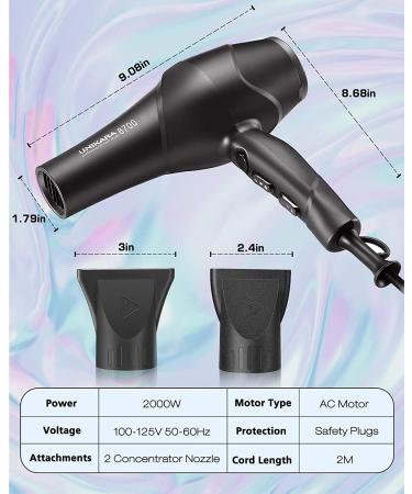 UNIKARA Professional Salon Ionic Hair Dryer 2000W, Ceramic Tourmaline, 2 Concentrator, Lightweight - Black - Buy Online on GoSupps.com