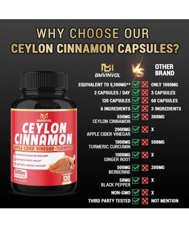 Ceylon Cinnamon Capsules 5100mg - Antioxidant Support - 120 Capsules with Berberine, Apple Cider Vinegar, Turmeric & Ginseng - Buy Online on GoSupps.com