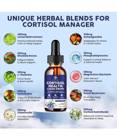 Cortisol Supplements for Women - Cortisol Manager Liquid Drops with Magnesium Ashwagandha & Rhodiola rosea L-theanine - Promotes Relaxation & Better Sleep Mood Blueberry Flavors 1FL.OZ(2PC) - Buy Online on GoSupps.com