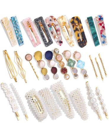 28 PCS Hingwah Pearls and Acrylic Resin Hair Clips, Handmade Hair Barrettes, Marble Alligator bobby pins, Glitter Crystal Geometric Hairpin, Elegant Gold Hair Accessories, Gifts for Women Girls