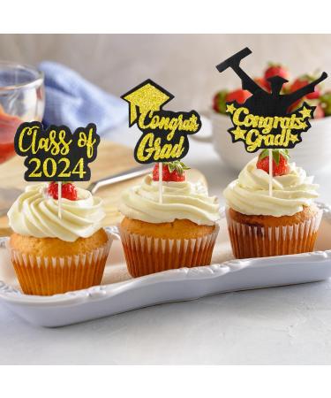 24Pcs 2024 Graduation Cupcake Toppers Graduation Cake Topper Class of 2024 Cake Cake Decorations with Grad Cap Diploma Congrats Grad Sign Black & Gold Graduation Party Supplies Decor A3BYCP - Buy Online on GoSupps.com