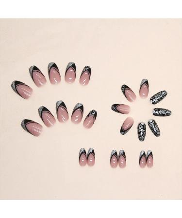 Buy Black French Tip Press On Nails - Medium Coffin Silver Glitter & Leopard Design - 24 Pcs Short Acrylic Fake Nails for Women - Buy Online on GoSupps.com