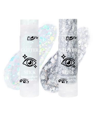 DAGEDA 2 Colors Body Glitter Stick Face Glitter Hair Glitter Eyeshadow for Rave Accessories Chunky Glitter Face Paint Body Shimmer Holographic Body Glitter Gel for Glitte Makeup (White+Silver) white and silver