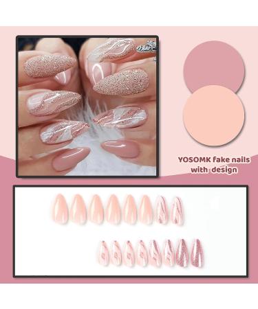 Nude Pink Swirl Design Press on Nails | Medium Almond Fake Nails with Glitter Sequins | Marble Glossy Acrylic Nails for Women - Buy Online on GoSupps.com