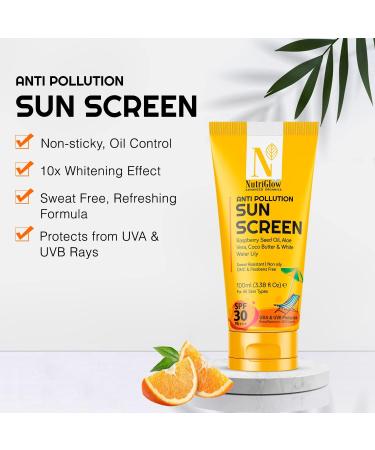 Nutriglow Advanced Organics Anti Pollution Sun Screen SPF 30 Pa+++ with Aloe Vera Extract for Non Greasy Daily Moisturizer Dry Damage and Tan Free Skin All Skin Types 100 Ml - Buy Online on GoSupps.com