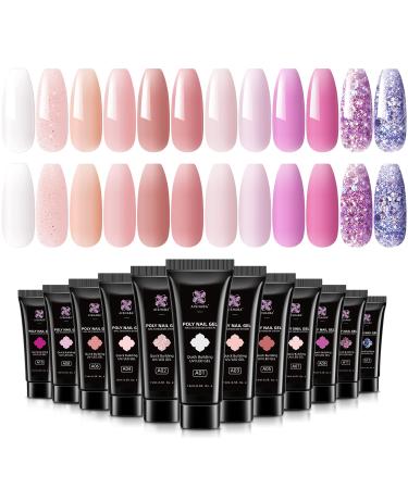 Aishaba Poly Nail Extension Gel Set, Nude Glitter Colors Poly Nail Gel Kit, 12 Colors Nail Builder Gel Enhancement Manicure Set for Nail Art Starter Kit