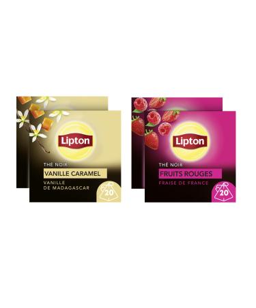 Lipton Th Noir Pack de 4 Boites de th x2 Fraise de France + x2 Vanille de Madagascar 2x40 sachets 80 Sachets