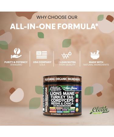 AuraShroom Mushroom Supplement Lions Mane Turkey Tail Cordyceps Reishi Shiitake Chaga Oyster Stress Relief Immune Support Nootropic Energy Portobello Mushrooms 60 Capsules by Clean Nutra - Buy Online on GoSupps.com
